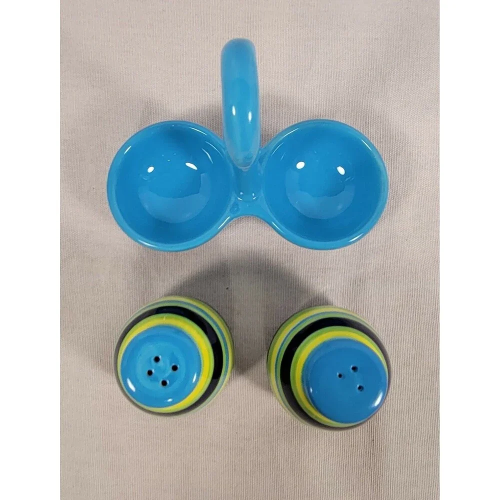Ceramic Salt & Pepper Shakers with Holder- Blue green yellow multicolor